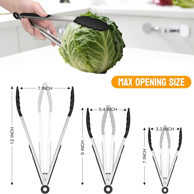 HOTEC Premium Stainless Steel Locking Kitchen Tongs with Silicon Tips, Heat Resistant Cooking Tongs Set of 3-7", 9" and 12", Black