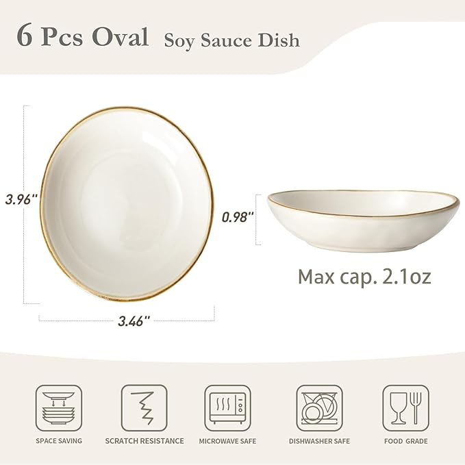 famiware Ceramic Soy Sauce Dish, 2.1oz Dipping Bowl Set of 6, Vanilla White