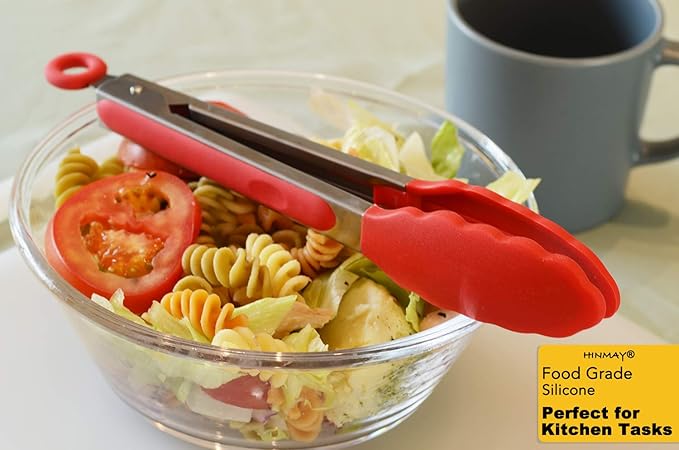 HINMAY Silicone Cooking Tongs 9-Inch Serving Tongs, Set of 3 (Red)