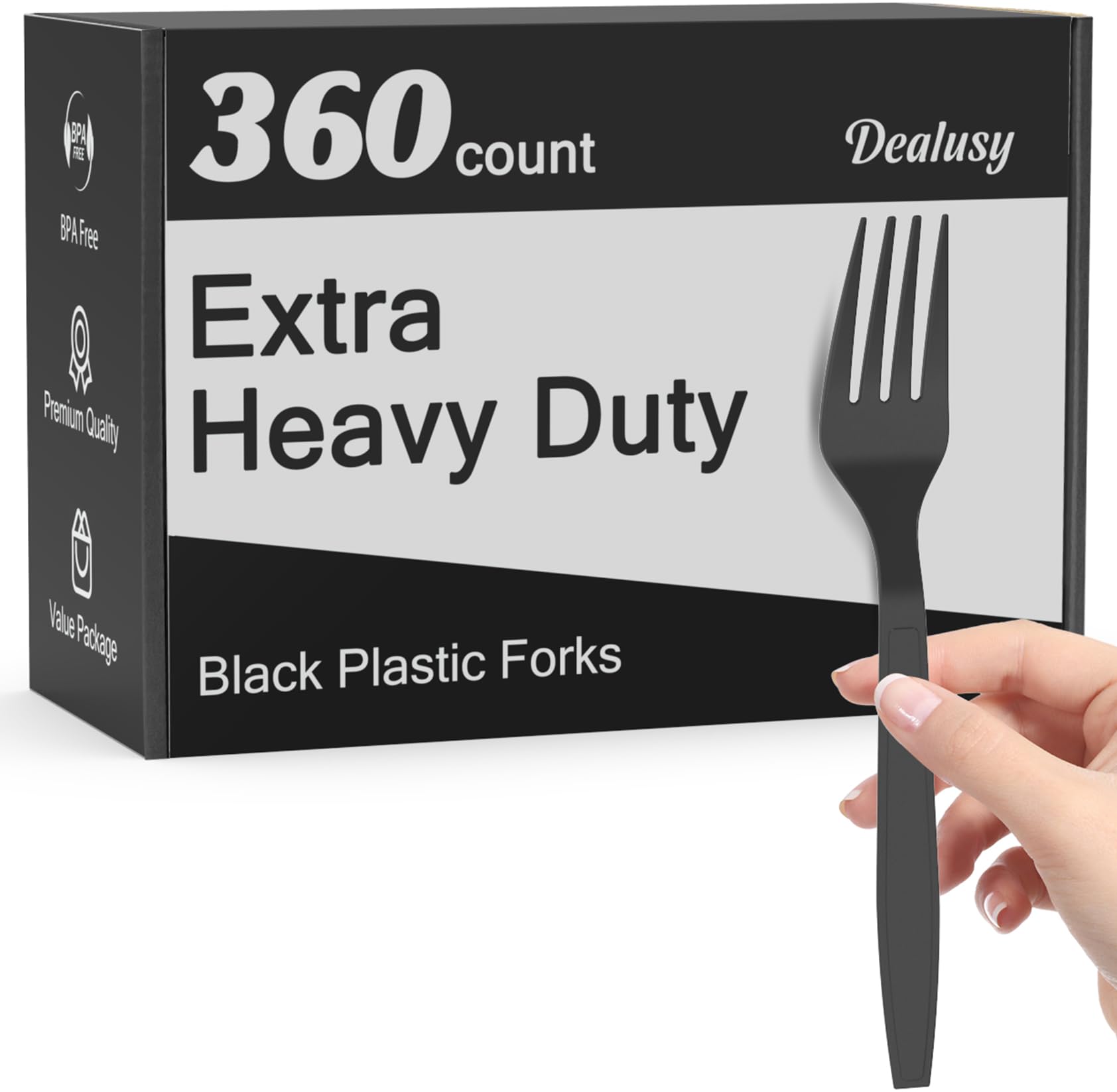 Dealusy 360 Count Extra Heavy Duty Black Plastic Forks Disposable, BPA-Free, Heat Resistant, Solid and Durable Disposable Forks Bulk, Premium Plastic Forks heavy duty for Party Supply