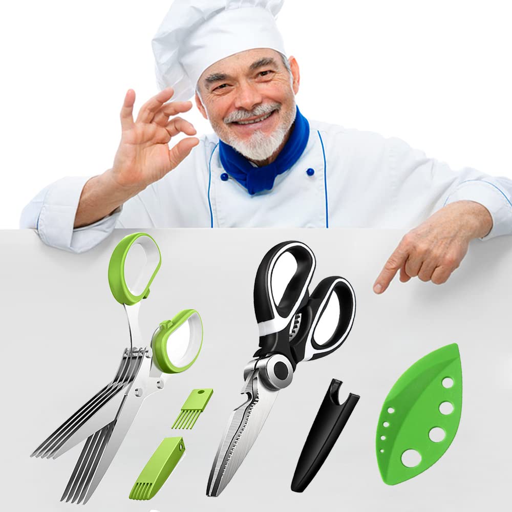 3 Pack Herb Stripper Tools Kit With 5-Blade Stainless Steel Scissors, Heavy Duty Meat Shears, Kitchen Stripping Tool, Safe Covers, Cleaning Comb, Multipurpose Chopping Mincer