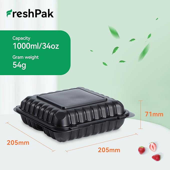 FRESHPAK 55-Pack 34oz 8x8 Black To Go Boxes - Shrink Wrapped Ready To Use