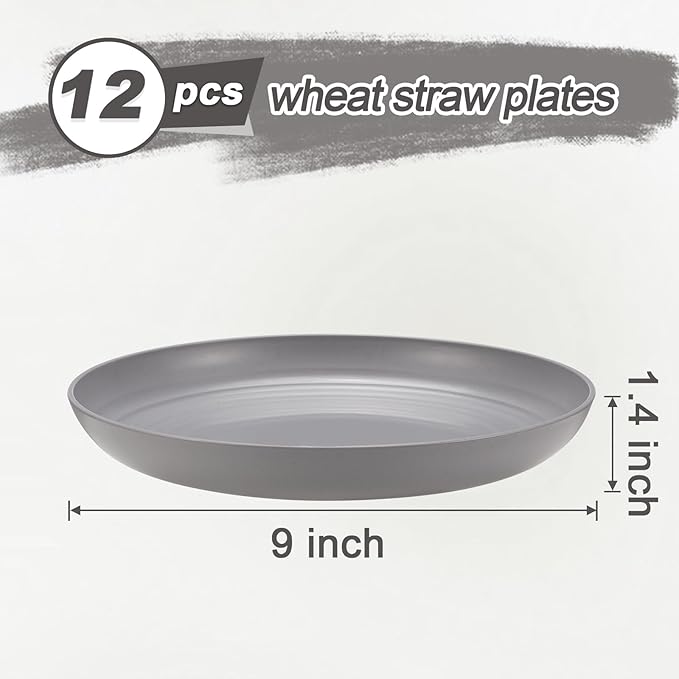 HEYCOME 12 Pcs Unbreakable Deep Dinner Plates Set, 9 inch Reusable Plastic Wheat Straw Plates, Microwave and Dishwasher Safe Plate for Kitchen, Lightweight Plate for Dessert, BPA Free, Light Gray