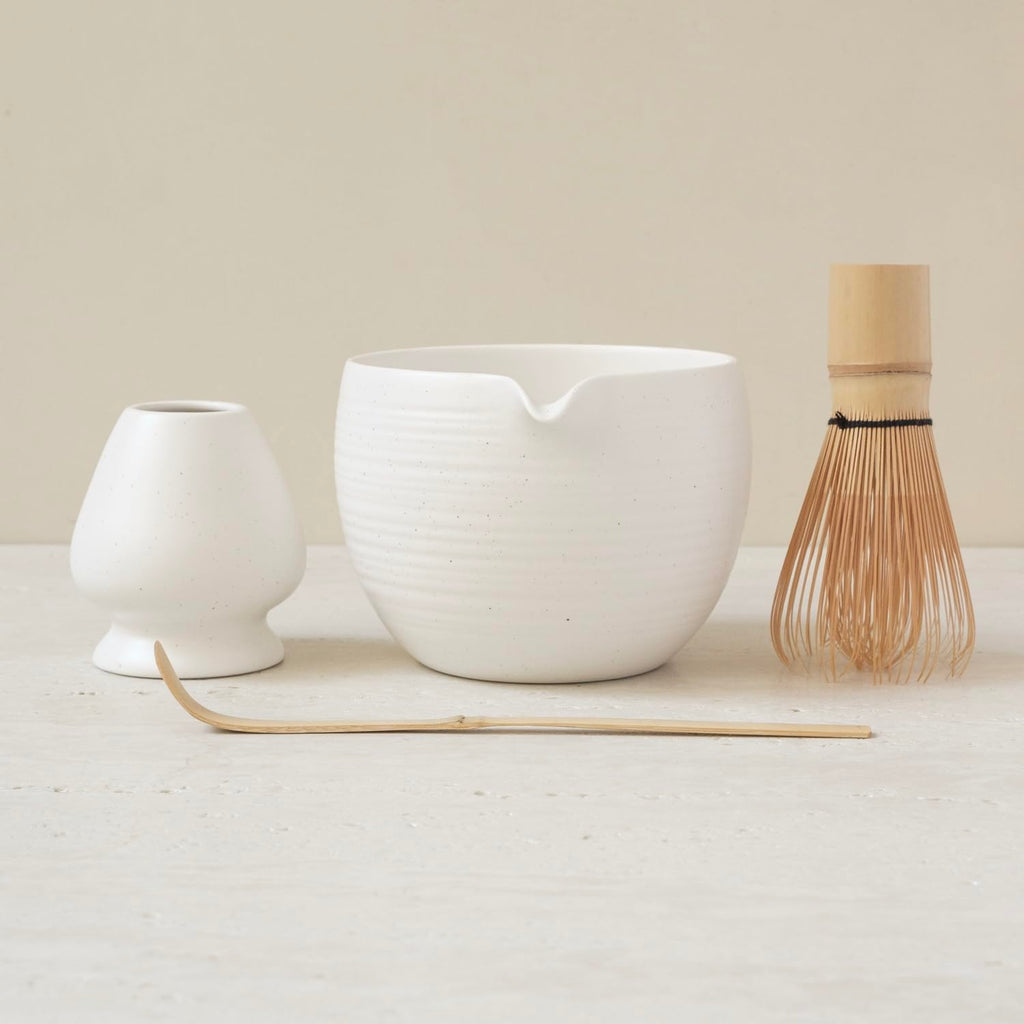 WENSHUO Matcha Whisk Set, Ceramic Matcha Bowl with Spout, White,6-Pc