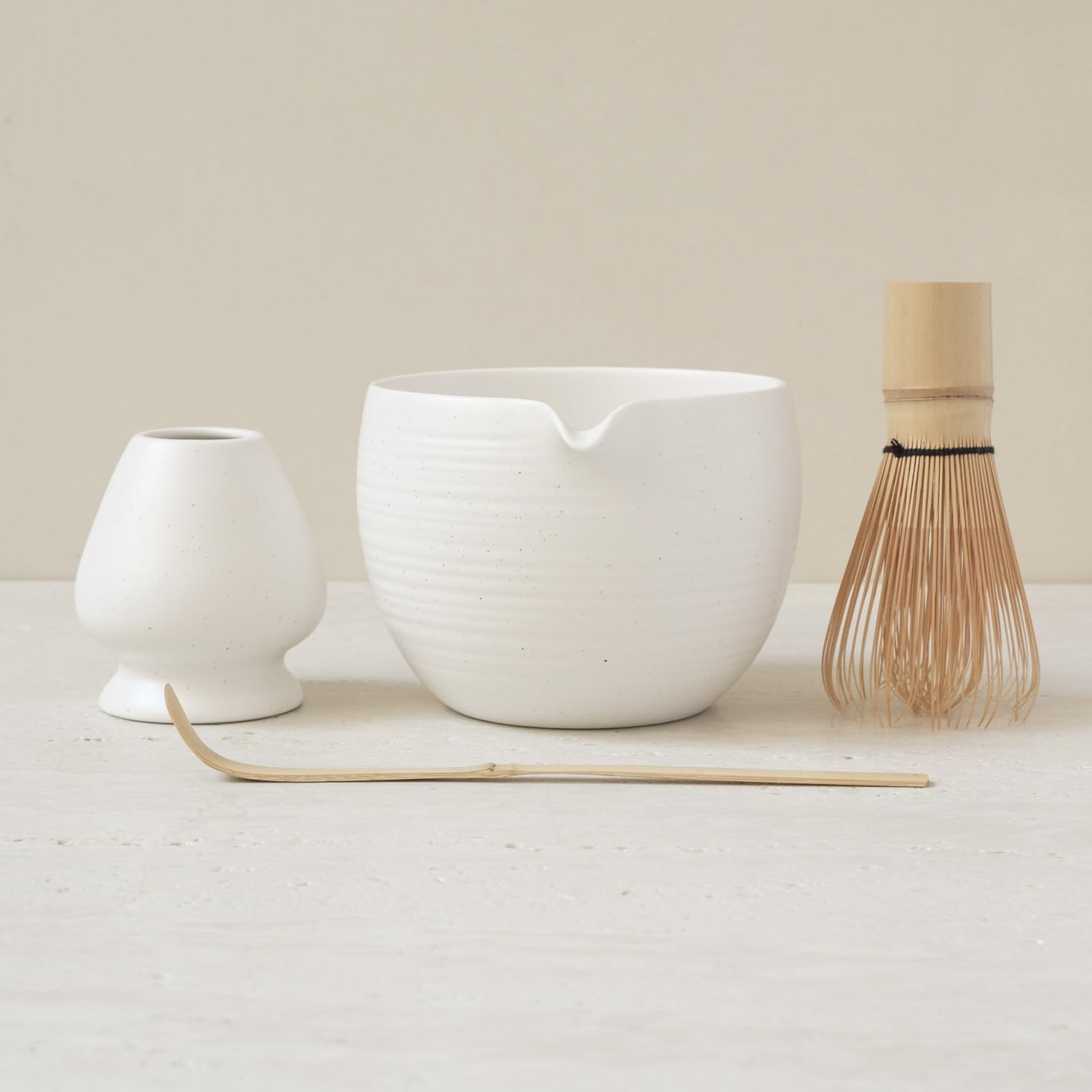 WENSHUO Matcha Whisk Set, Ceramic Matcha Bowl with Spout, White,6-Pc