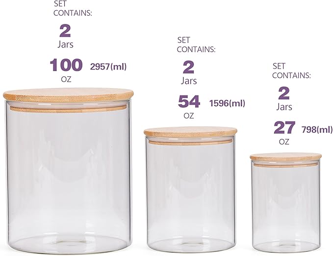 Wnaraa Glass Storage Containers with Lids, Glass Jars with Bamboo Lids, Large Food Storage Jar, Sugar, Pantry Storage Container for Pasta Rice Flour Oats Nuts Tea Spice (Round 27oz*2+54oz*2+100oz*2)