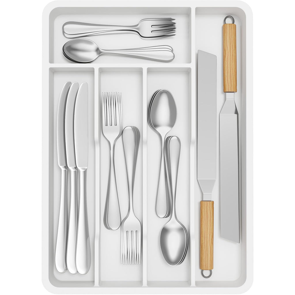 Lifewit Silverware Drawer Organizer Tray, Plastic Cutlery Storage for Kitchen, Flatware and Utensil Holder Divider for Spoons Forks Knives Tableware, 9.5 x 13.4", 5 Slots, White