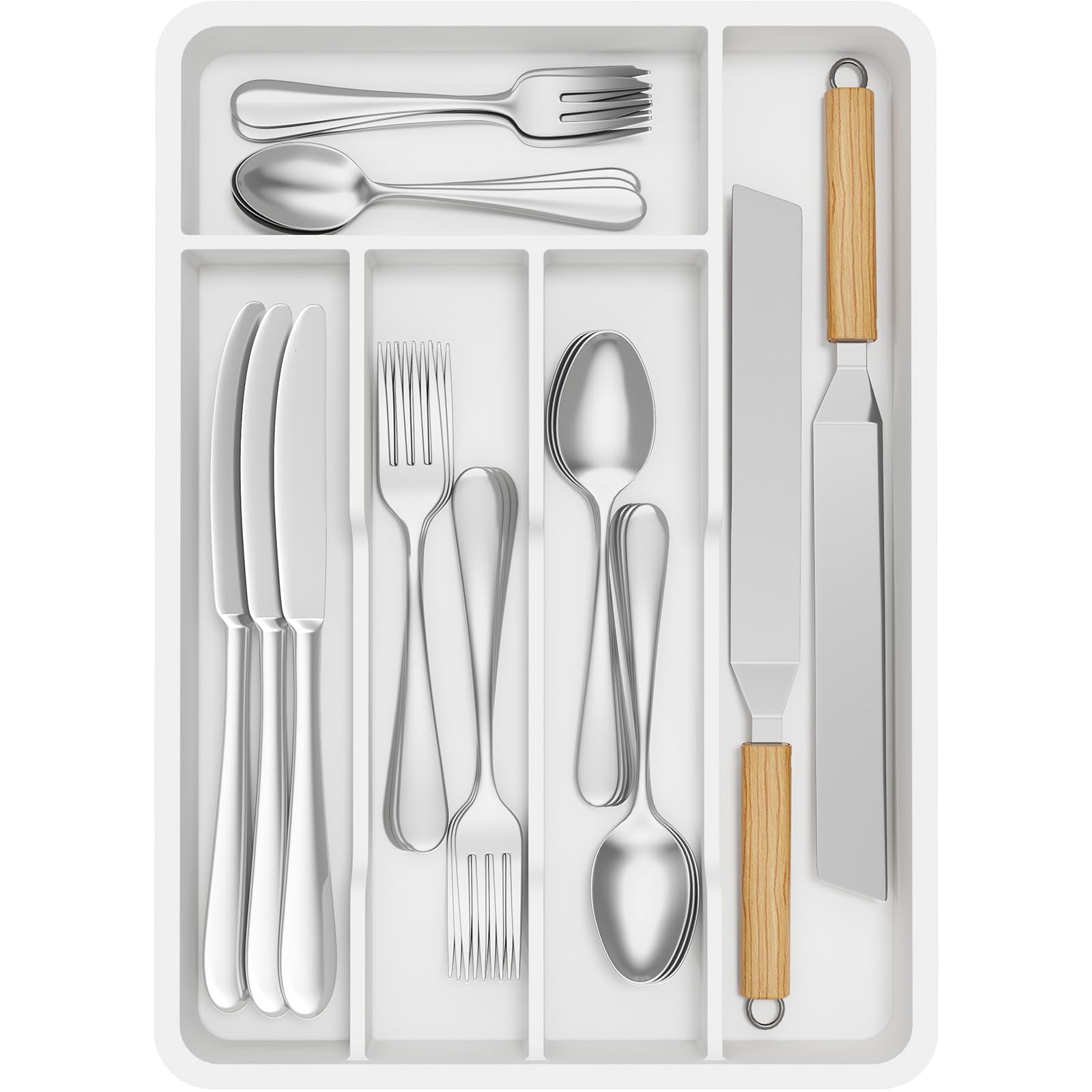 Lifewit Silverware Drawer Organizer Tray, Plastic Cutlery Storage for Kitchen, Flatware and Utensil Holder Divider for Spoons Forks Knives Tableware, 9.5 x 13.4", 5 Slots, White