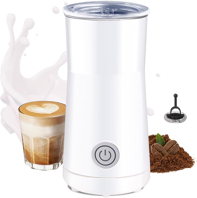 Huogary Milk Frother Simple Milk Frother and Steamer 2-in-1 Milk Steamer with Hot Milk Foam and Hot Milk for Latte, Macchiato, Cappuccinos, White （Medium）