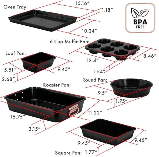 Prime Cuisine Stackable Nonstick Bakeware Set, 8 Piece Baking Pan Set, Oven Safe Carbon Steel, Includes Cookie Sheet, Muffin Pan, Loaf Pan & Roaster