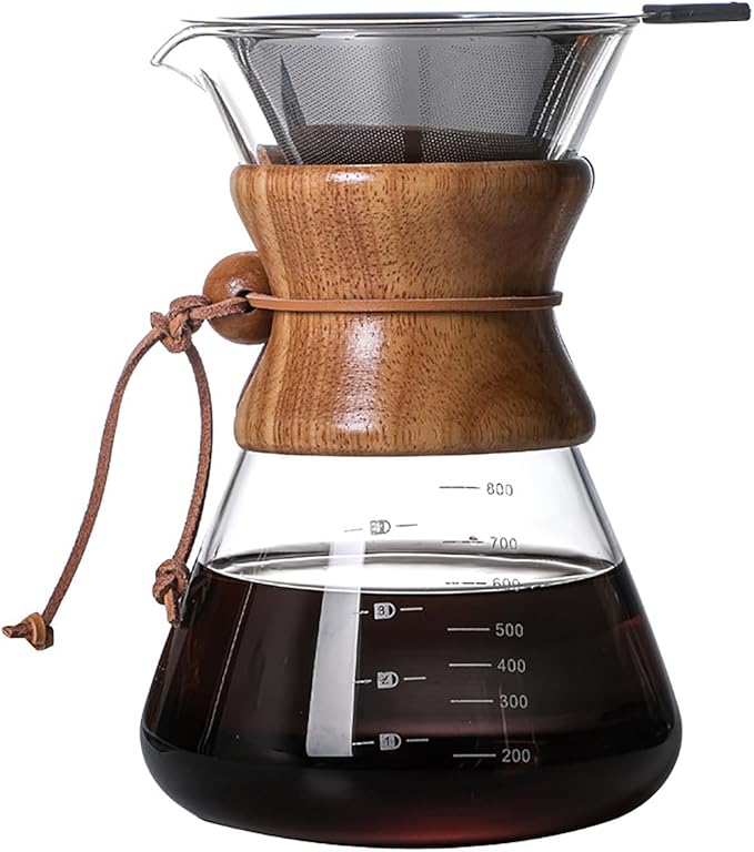 COFISUKI Pour Over Coffee Maker with Reusable Stainless Steel Drip Filter, Lead-Free Borosilicate Glass Coffee Carafe with Modern Wooden Collar for 1-6Cup, Circular Clear (800ml/27oz)