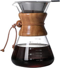 COFISUKI Pour Over Coffee Maker with Reusable Stainless Steel Drip Filter, Lead-Free Borosilicate Glass Coffee Carafe with Modern Wooden Collar for 1-6Cup, Circular Clear (800ml/27oz)