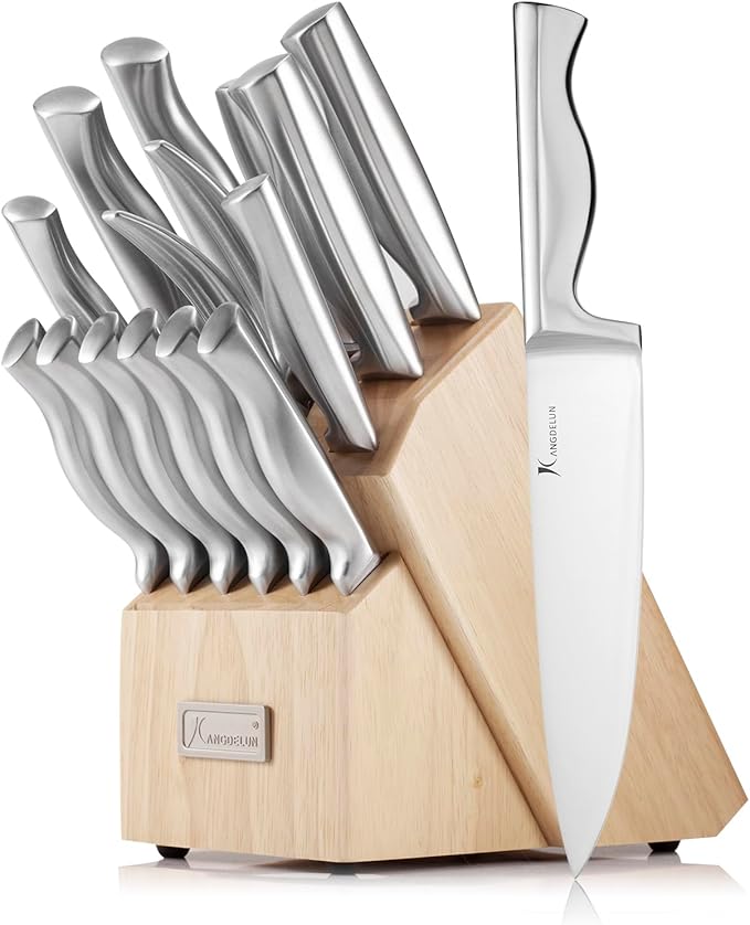 Kangdelun 15-Piece Ultra Sharp Kitchen Knife Set with Wooden Block, Exclusive Ergonomic Anti-Slip Handle, High-Carbon 50CR15MOV Steel, Angled Design, Natural Wood Block