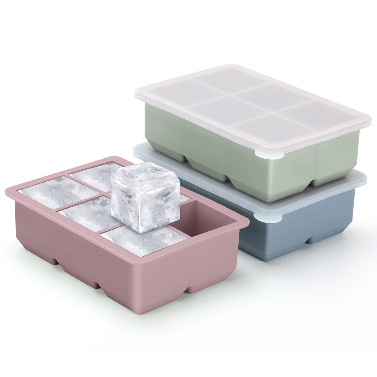 Excnorm Silicone Ice Cube Trays, 3‑Pack Large Square Molds with Lid