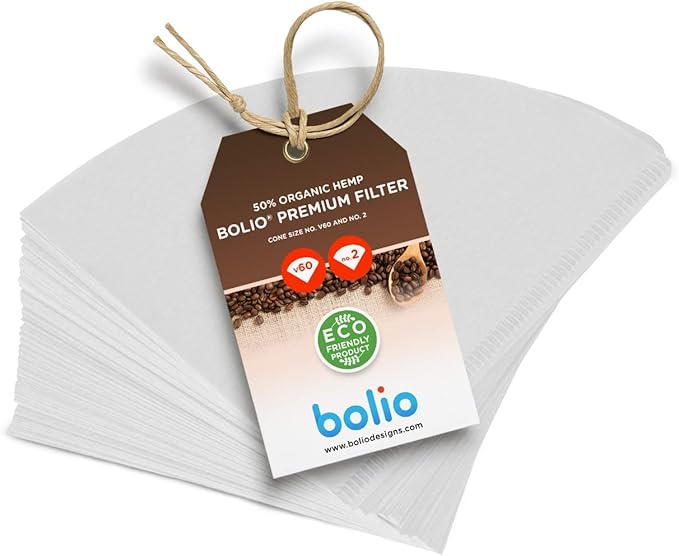 Bolio Premium Hemp White Paper Cone Coffee Filters - Peroxide Whitened - Compatible with V60 and All No.2 Size Pour Over Drippers - (Pack of 100)