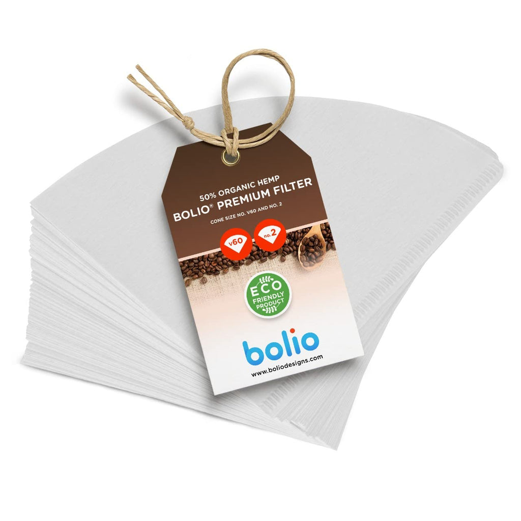 Bolio Premium Hemp White Paper Cone Coffee Filters - Peroxide Whitened - Compatible with V60 and All No.2 Size Pour Over Drippers - (Pack of 100)