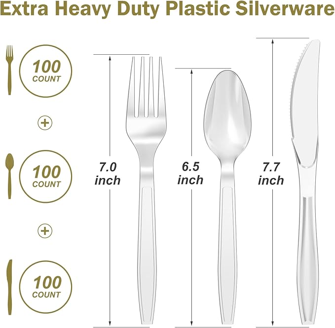 Dealusy 300 Count Extra Heavy Duty Silver Plastic Silverware, 100 Forks, 100 Spoons, 100 Knives, BPA-Free, Heat Resistant, Disposable Plastic Utensils Set, Plastic Cutlery Set, Plasticware Bulk