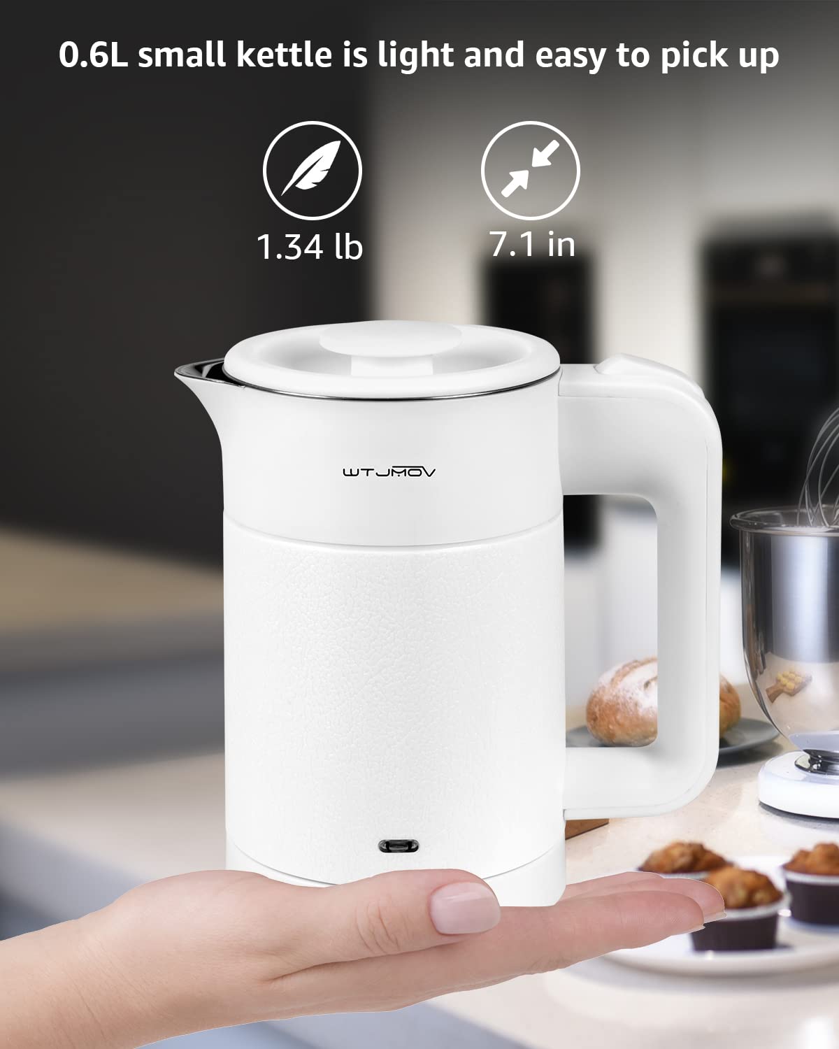 WTJMOV 0.6L Small Electric Tea Kettle Lightweight, 20 Ounce Double Wall Hot Water Boiler Stainless Steel Auto Shut-off, 120V Portable Travel Electric Kettle Fast Boil for Tea and Coffee,White