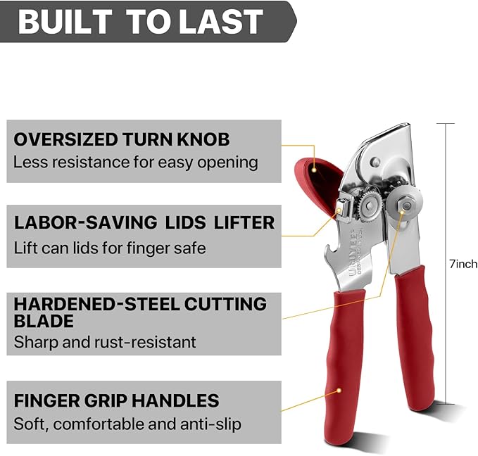 UHIYEE Heavy Duty Hand Can Opener with Comfortable Grip for Seniors, Red