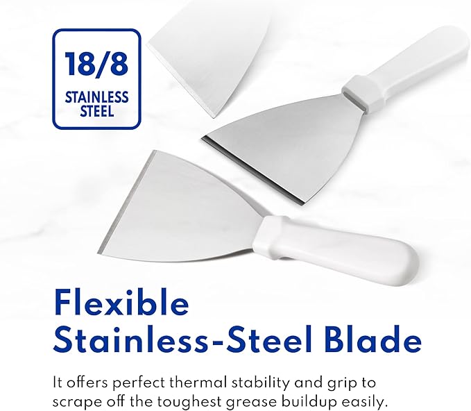 New Star Foodservice Stainless Steel Slant Edge Grill Scraper with White Plastic Handle, 4 x 8.5 Inch Restaurant Grade Griddle Scraper, Flat Top Scraper, Grill Cleaning Tool