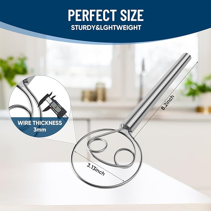 YIGEDA Danish Dough Whisk Stainless Steel Wooden Handle for Sourdough Bread Pizza and Pastry Making