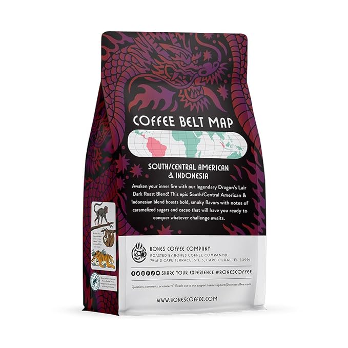 Bones Coffee Company Dragon's Lair - Dark Roast Coffee - Whole Bean - Low-Acid Arabica Coffee Beans - South/Central America and Indonesia Grown - Unflavored - 12 Oz
