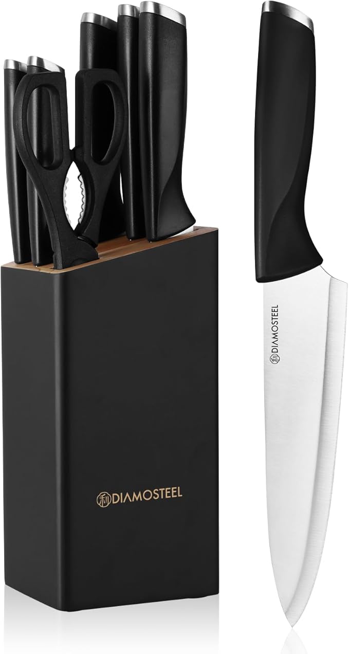 Diamosteel Black Knife Set with Wooden Block, 7-Piece Sharp Knife Block Set