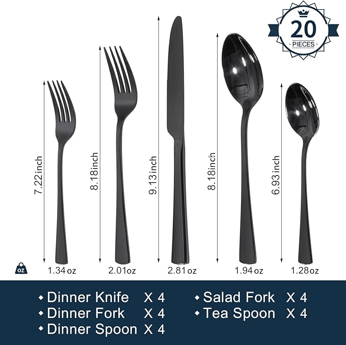 18/10 Flatware set for 4, 20 Piece Black Stainless Steel Silverware Set