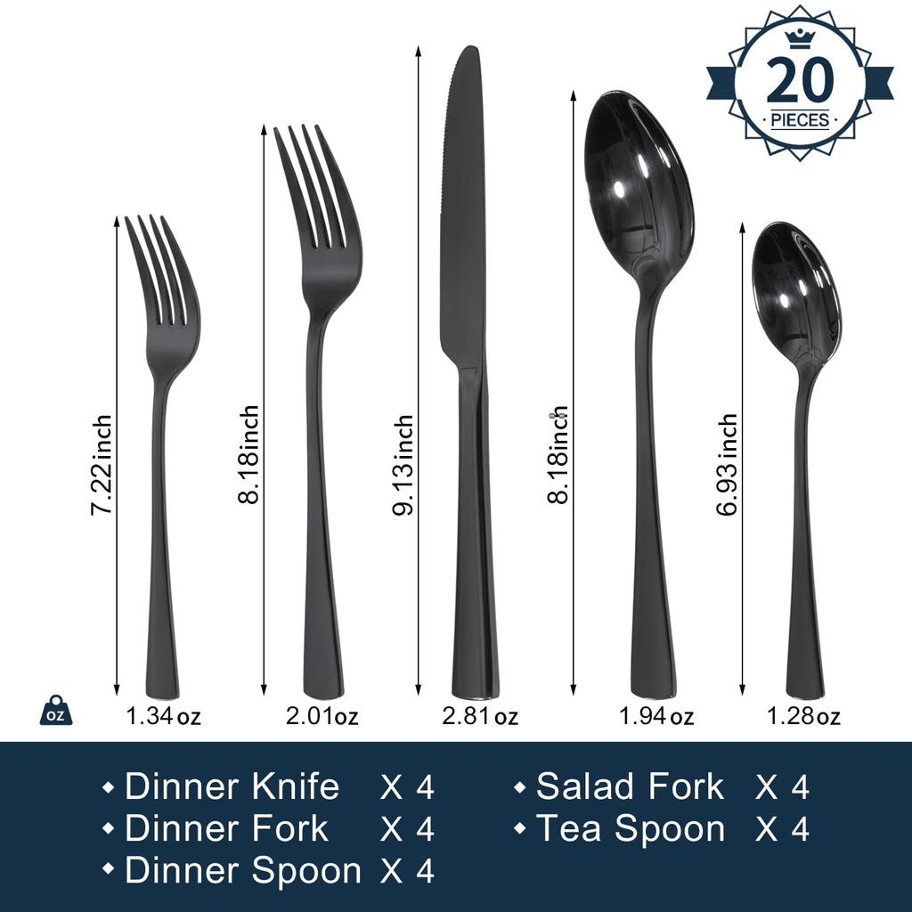 18/10 Flatware set for 4, 20 Piece Black Stainless Steel Silverware Set