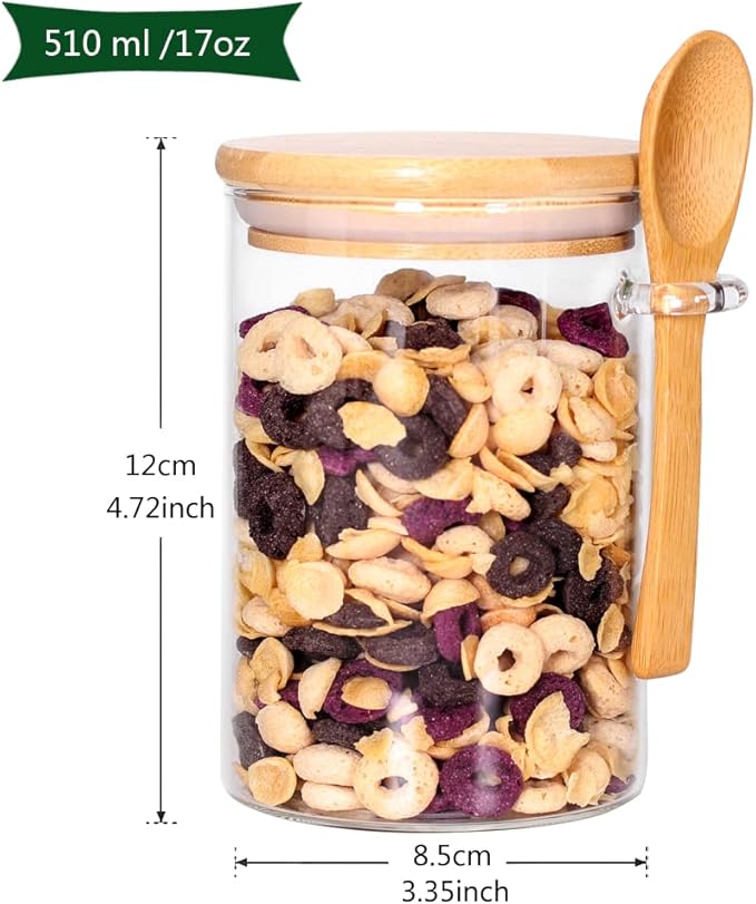 CZFWin 4 Pack Glass Containers with Lids and Spoons, Overnight Oat Container with Lids Glass, Oatmeal Jar with Spoons, Meal Prep Jars for Yogurt, Chia Pudding (Round 4PCS)