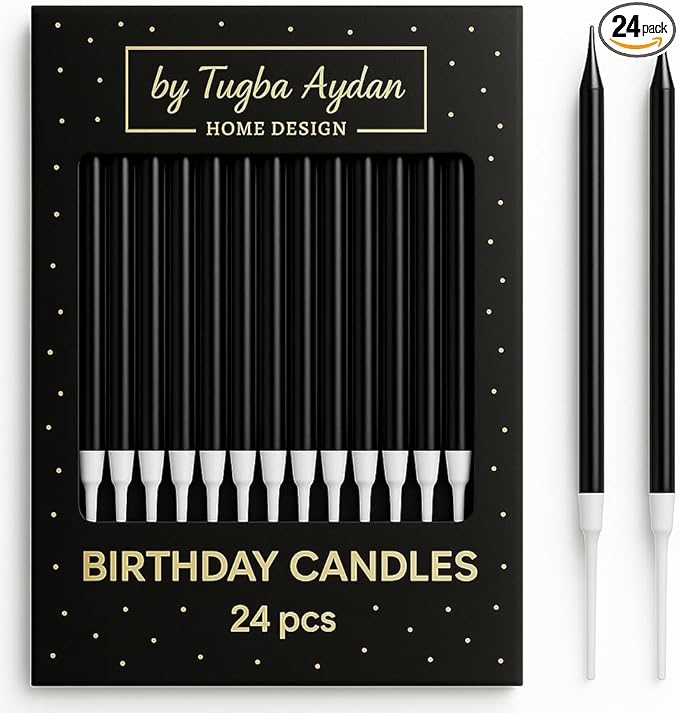 by Tugba Aydan - Black Birthday Candles, 24 Pack, Long Thin Metallic Cake Candles with Holders, Elegant Black Candles for Cakes, Cupcakes & Parties