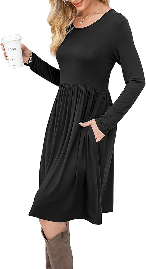 DB MOON Women Casual Long Sleeve Dresses Empire Waist Loose Dress with Pockets (Black, S)