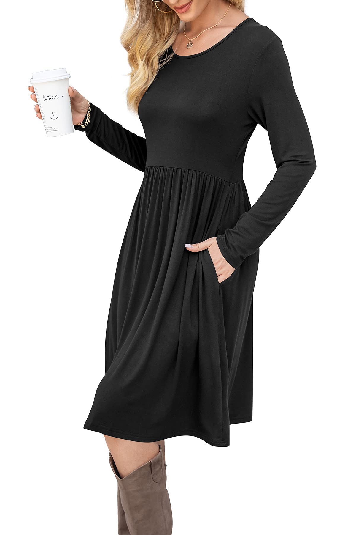 DB MOON Women Casual Long Sleeve Dresses Empire Waist Loose Dress with Pockets (Black, XL)