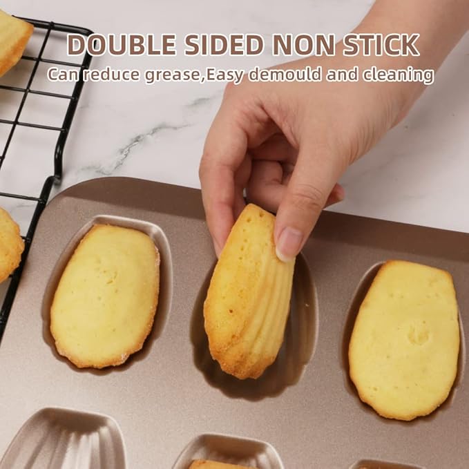 2 Pack Madeleine Pans for Baking, 12 Cavity Heavy Duty Shell Shape Baking Mold Nonstick Cookie Cake Pan for Oven（Gold）