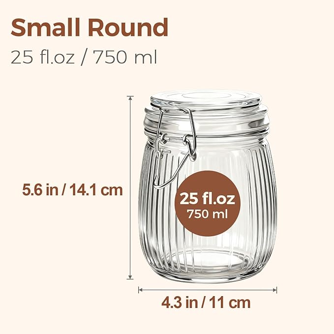 ComSaf Ribbed Glass Mason Jars with Airtight Lids 25 oz 6 Pack Coffee
