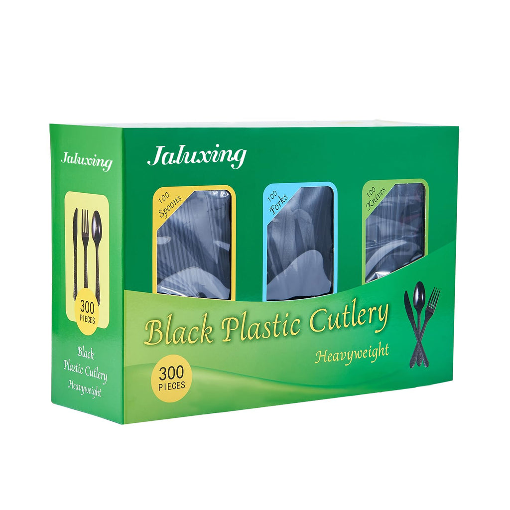 JALUXING [300 Combo Box] Black Plastic Forks Spoons Knives Heavyweight Utensils Disposable Silverware Heavy Duty Cutlery Set