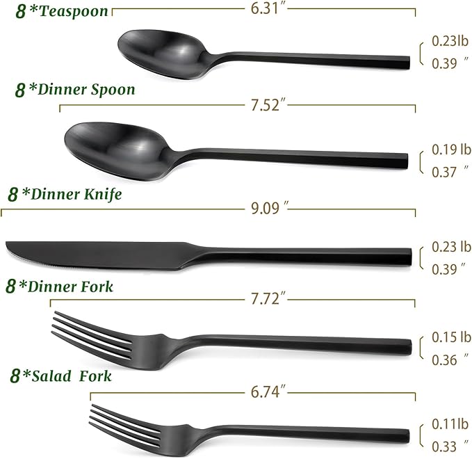 DEACORY Black Silverware with Serving Utensil Hexagon Handle Service for 8