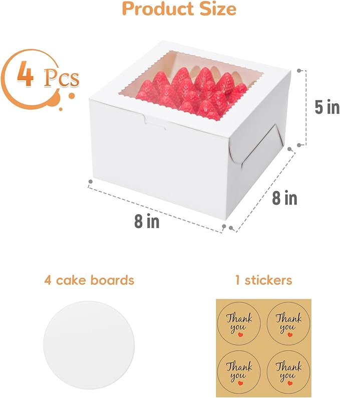 EQOREIIN 4Pack 8 inch Small Cake Boxes with Cake Board and Stickers
