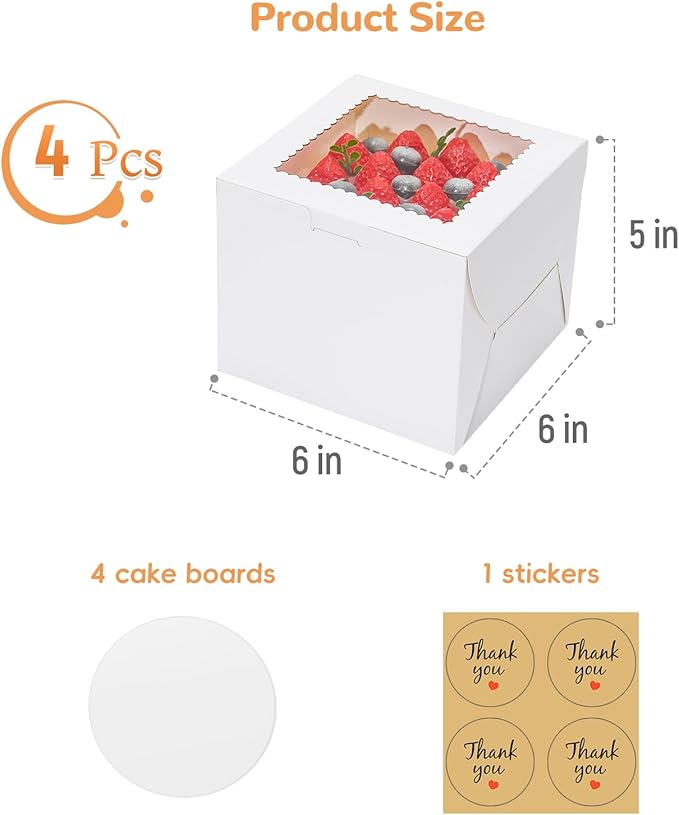 EQOREIIN 4Pack 6 inch Small Cake Boxes with Cake Board and Stickers