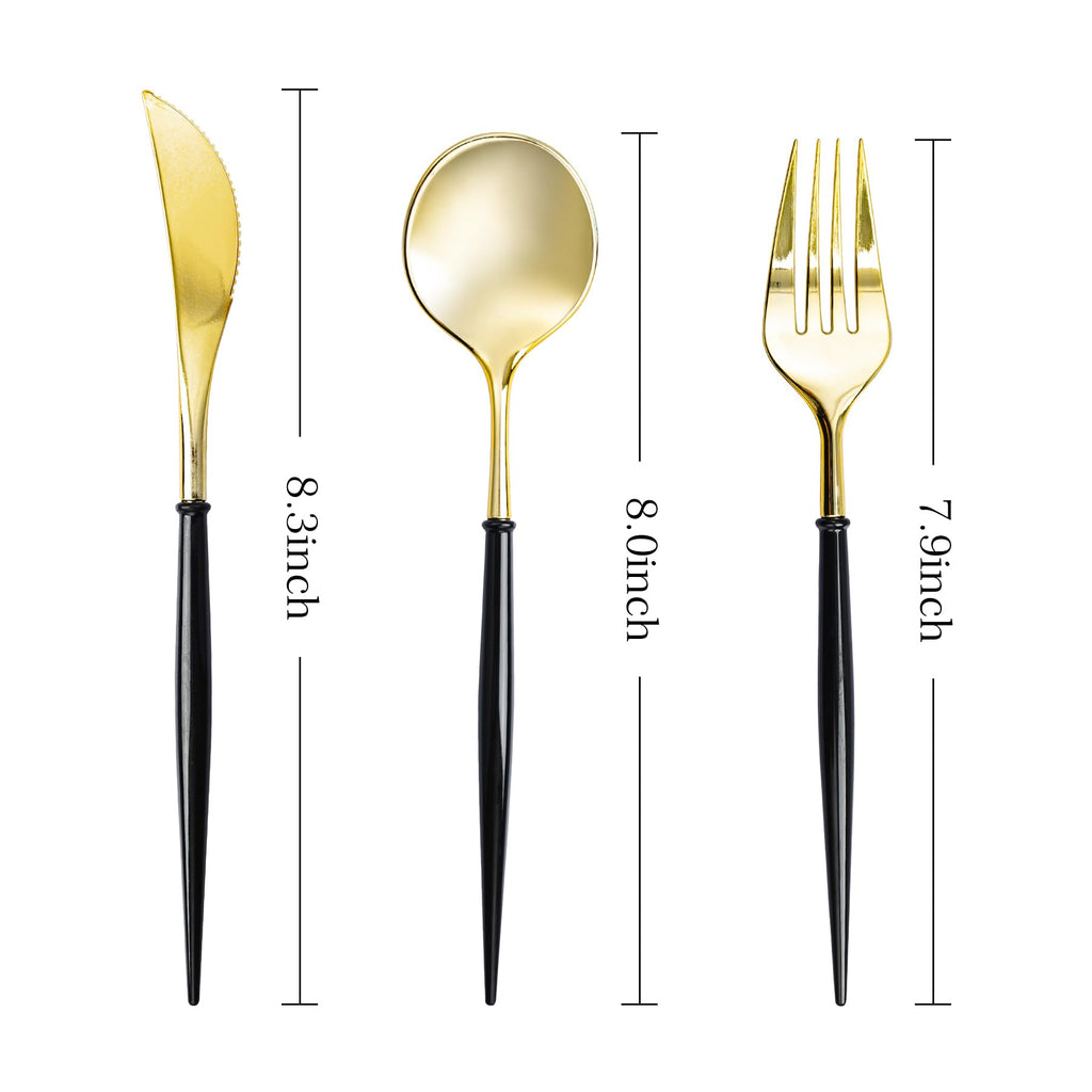 N9R 150PCS Black and Gold Plastic Silverware, Disposable Utensils & Cutlery