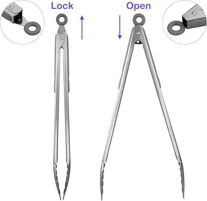 304 Stainless Steel Kitchen Cooking Tongs, 14 & 16 Inch, Set of 2, Grey