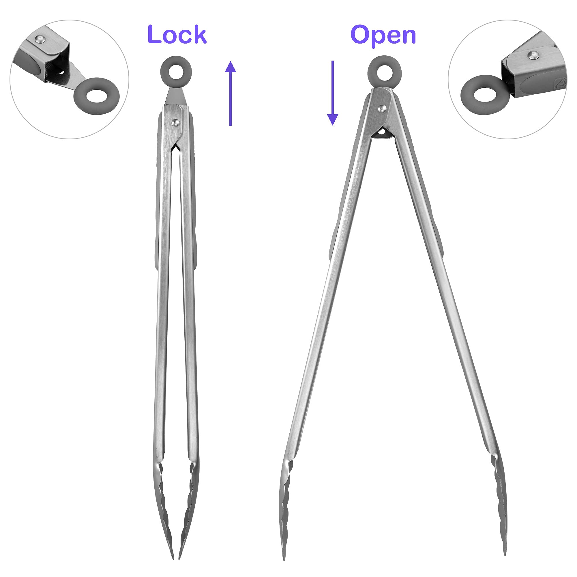 304 Stainless Steel Kitchen Cooking Tongs, 14 & 16 Inch, Set of 2, Grey