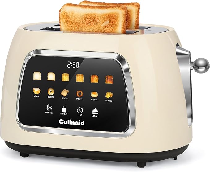 Culinaid Toaster 2 Slice Smart Touch Screen, Retro 1.5'' Extra Wide Slot Stainless Steel Digital Bread Toaster with Memory Function, Bagel, Defrost, 6 Browning Levels and Removable Crumb Tray, Cream