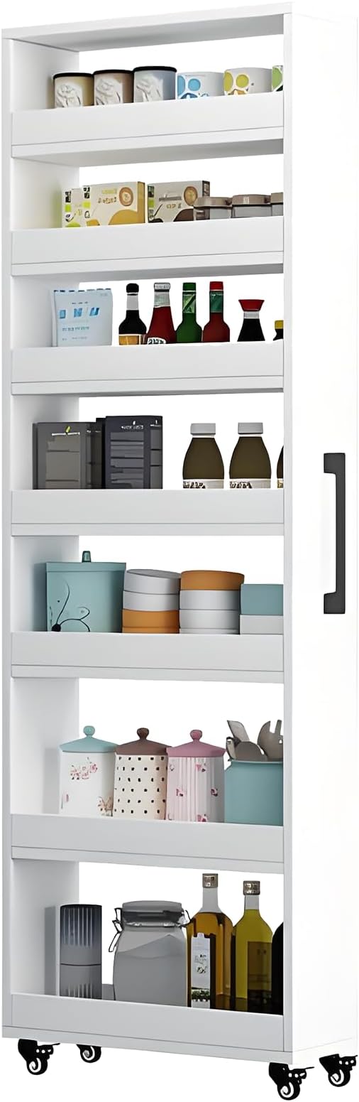 MINGRUIYU 7-Tier Slim Storage Cart, Wooden Rolling Pantry Cabinet with Wheels, Narrow Shelf Organizer for Kitchen, Bakers Rack, Dining Room, Closet, Small Spaces Warm White 73.2‘’H*5.9''W*19.6''D