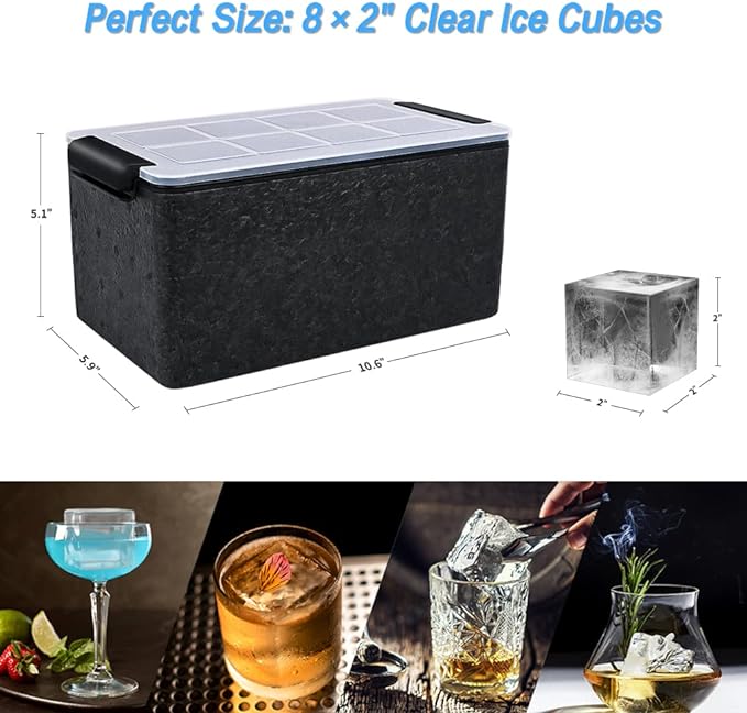 TINANA Upgrade 2 Inch Clear Ice Cube Tray Make 8 Large Square Crystal Ice Cube Maker for Cocktail, Whiskey & Bourbon Drinks, Gifts for Men