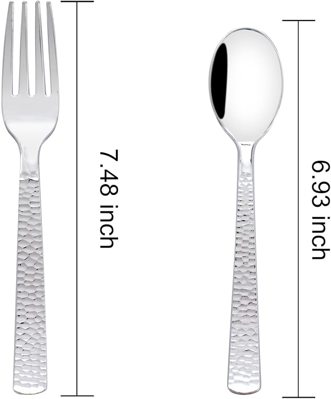 KIRE 400PCS Silver Plastic Forks and Spoons Disposable-Heavy Duty Plastic Silverware Set Silver Spoons and Forks-200 Forks and Spoon for Parties/Birthday/Wedding/Father's Day