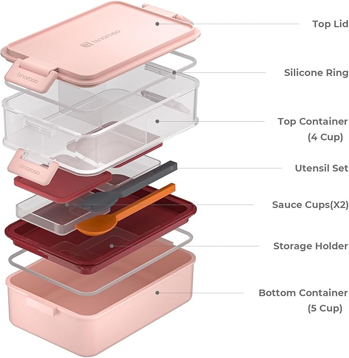 linoroso Stackable 2-Tier Adult Bento Box, 4 Compartments - Frozen Berry