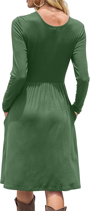 DB MOON Women Casual Long Sleeve Dresses Empire Waist Loose Dress with Pockets (Army Green, L)