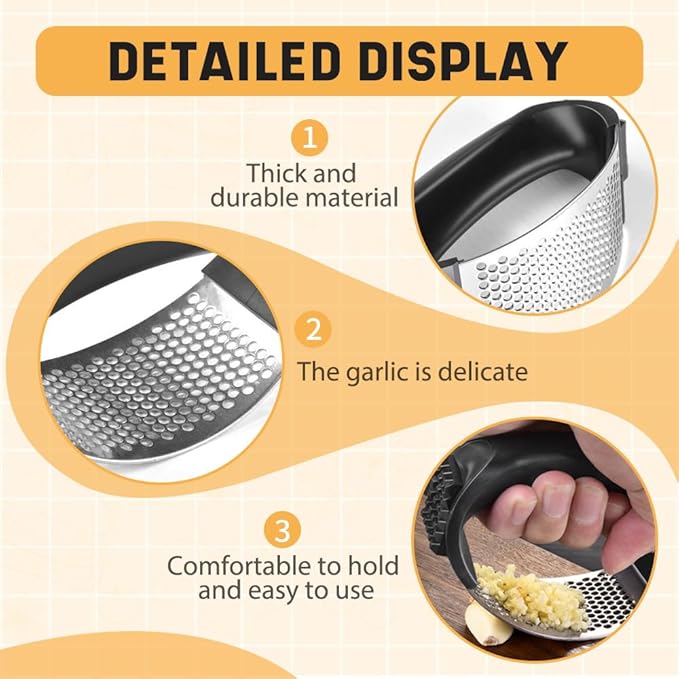 Stainless Steel Garlic Press Rocker, 2025 New Garlic Mincer and Garlic Crusher, Easy-Squeeze Garlic Tool with Peeler and Cleaning Brush for Smashing Garlic (1 Set)