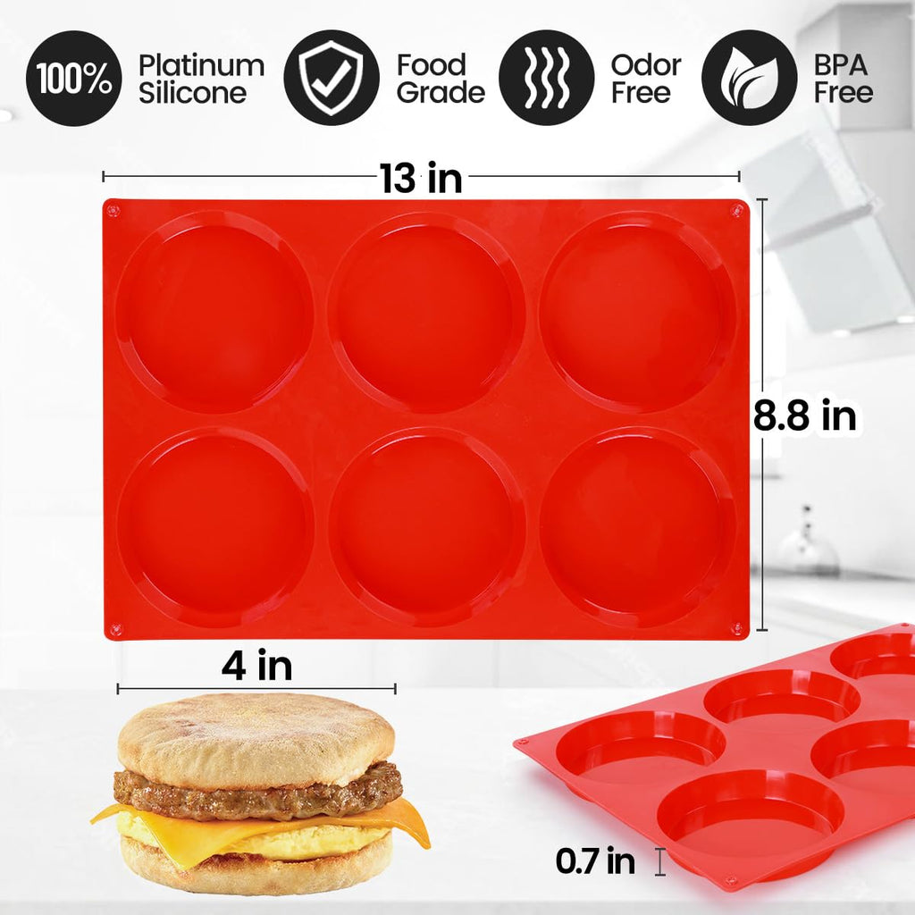 CAKETIME Muffin Top Pan, Jumbo Silicone Egg Molds for Breakfast Sandwiches 4 Inch Round Baking Pan for Oven English Muffins, Whoopie Pies, Corn Bread, Egg bites, Tarts 3 Pack Red